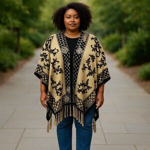 Black Tan 7-Way Scarf Poncho Top Metallic Threading  Fringe By Kokomo Unlimited